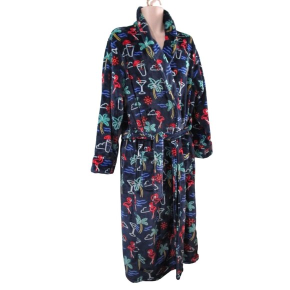 Chubbies Mens Fleece Robe Tropical Neon Lights Flamingo Print Navy Blue Sz M L - Picture 1 of 16